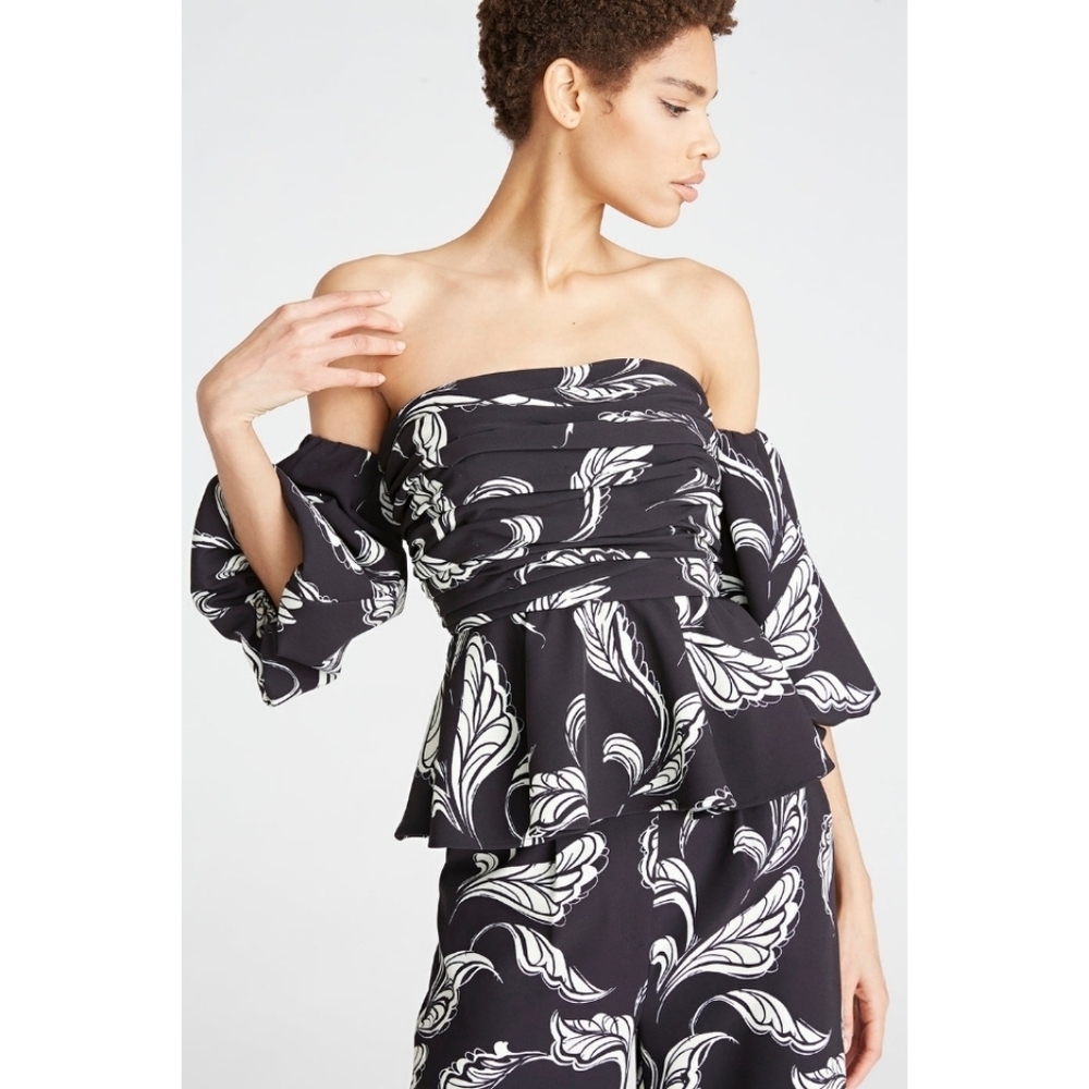AMUR Women's Eman Off Shoulder Peplum Top in Black Floating Feather Size 4